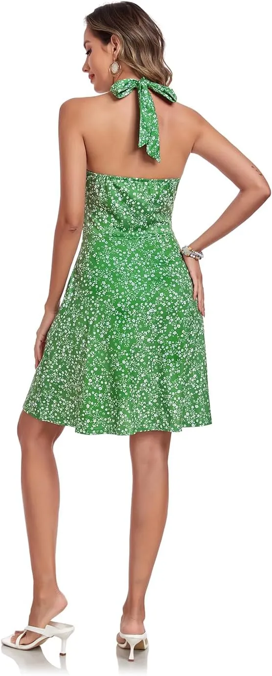 Women's Summer Dresses Sleeveless Halter V Neck Womens Sundress Spring 2025 Floral Dress for Women with Pocket Elastic Waist
