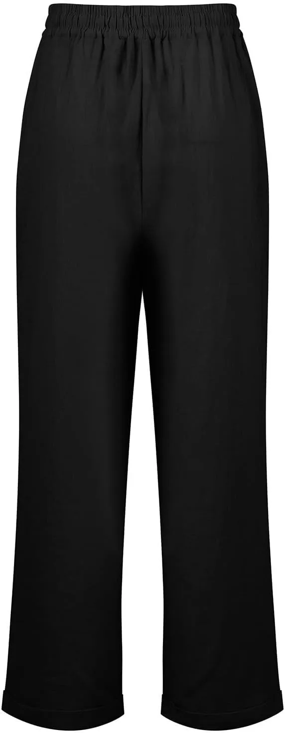 Womens Summer/Fall Casual Pants Straight Leg Drawstring Elastic High Waist Loose Comfy Palazzo Trousers with Pockets