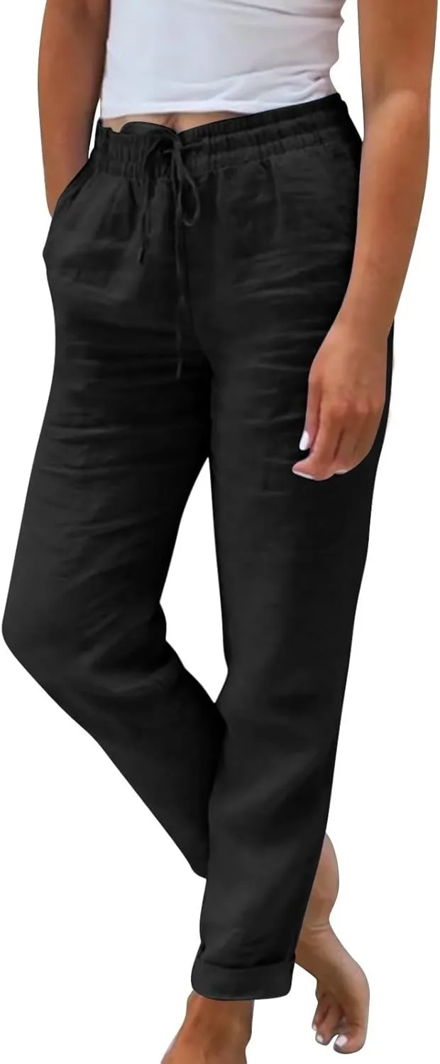 Womens Summer/Fall Casual Pants Straight Leg Drawstring Elastic High Waist Loose Comfy Palazzo Trousers with Pockets
