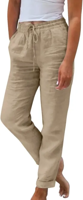 Womens Summer/Fall Casual Pants Straight Leg Drawstring Elastic High Waist Loose Comfy Palazzo Trousers with Pockets