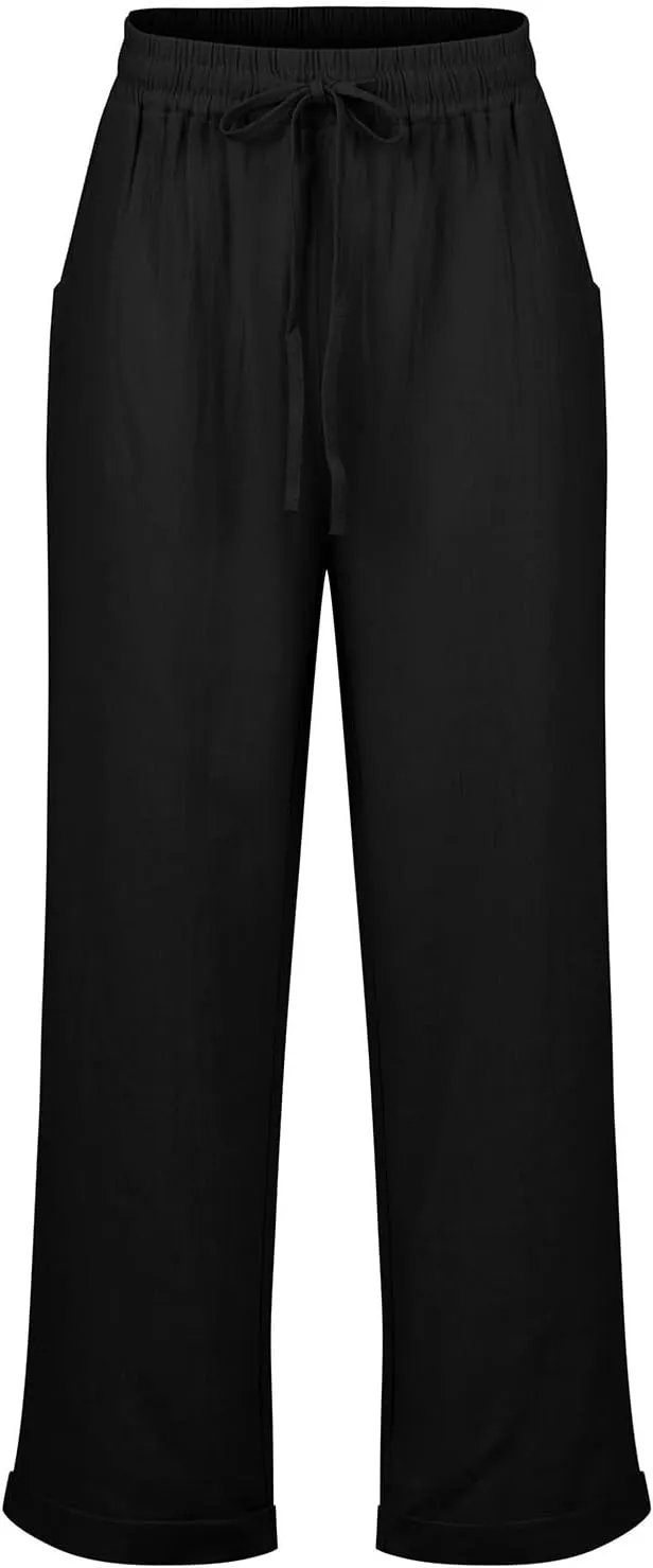 Womens Summer/Fall Casual Pants Straight Leg Drawstring Elastic High Waist Loose Comfy Palazzo Trousers with Pockets