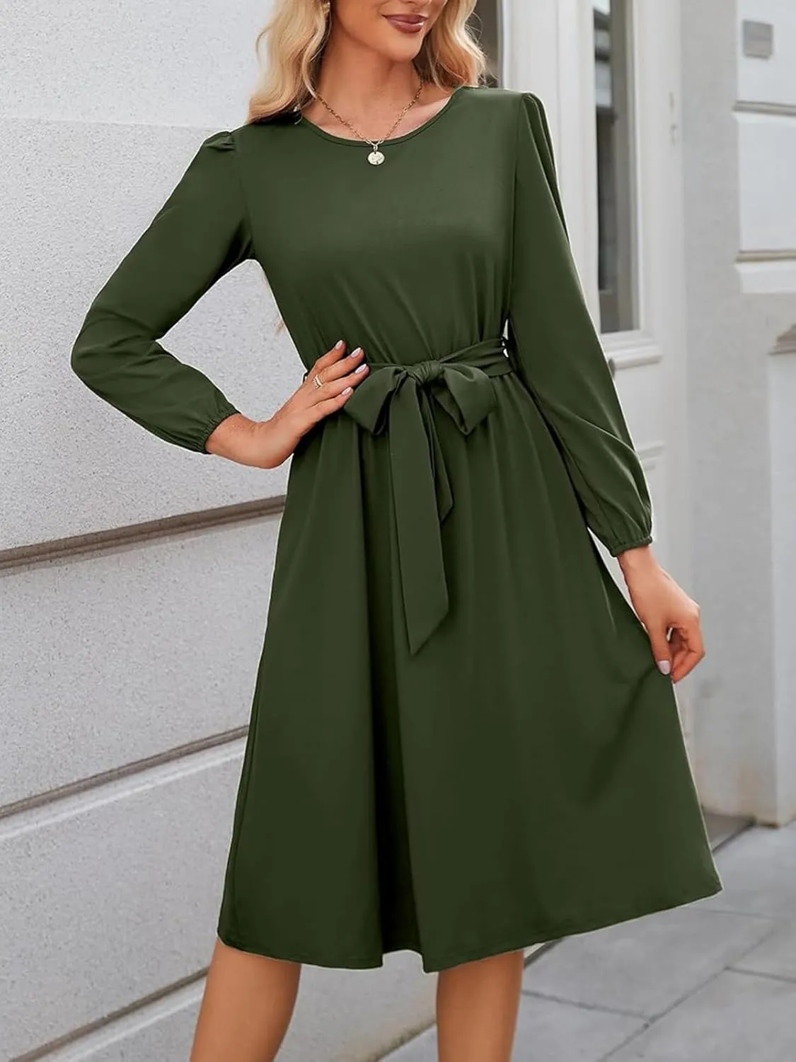 Women's Winter Long Sleeve Crewneck Dress Casual Belted A Line Flowy Business Work Teacher Midi Dresse