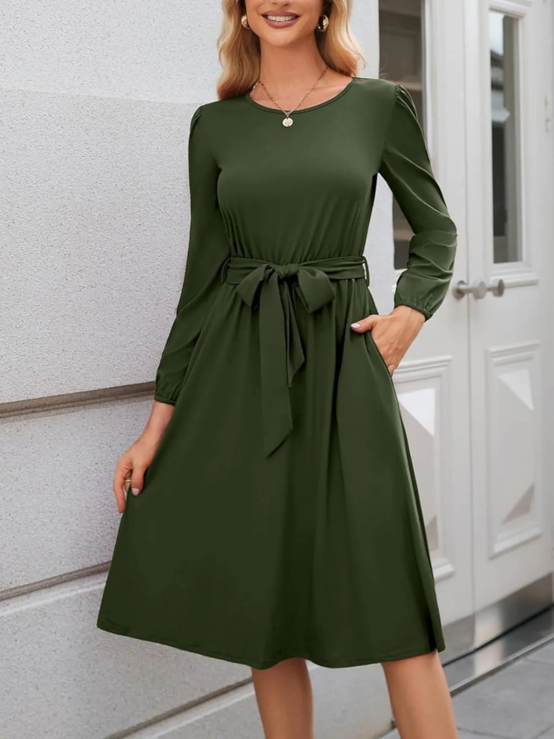 Women's Winter Long Sleeve Crewneck Dress Casual Belted A Line Flowy Business Work Teacher Midi Dresse