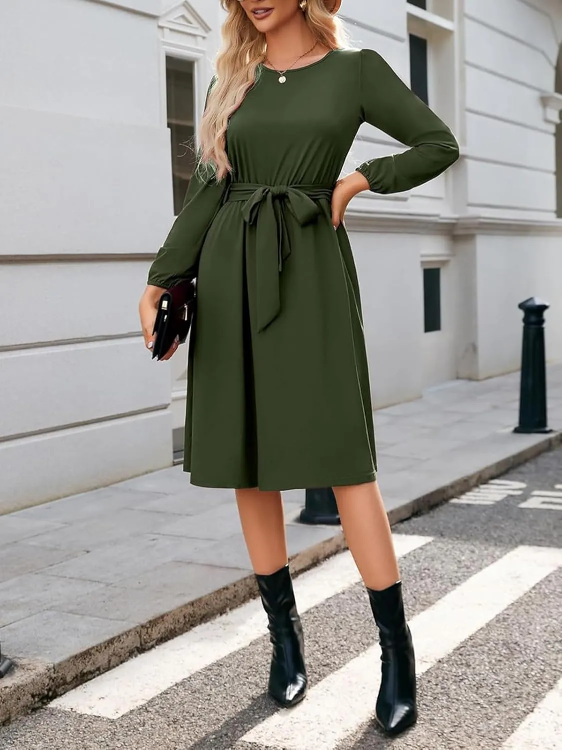 Women's Winter Long Sleeve Crewneck Dress Casual Belted A Line Flowy Business Work Teacher Midi Dresse