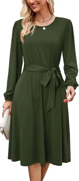 Women's Winter Long Sleeve Crewneck Dress Casual Belted A Line Flowy Business Work Teacher Midi Dresse