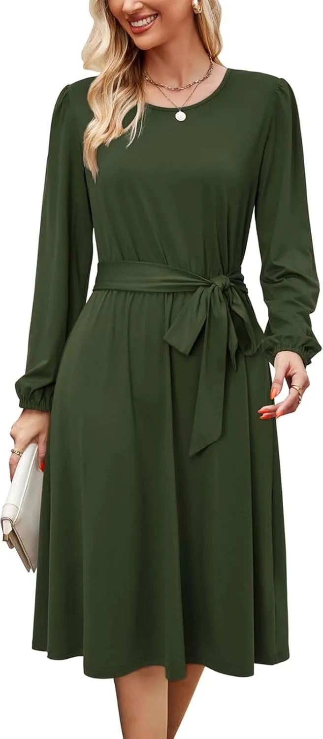 Women's Winter Long Sleeve Crewneck Dress Casual Belted A Line Flowy Business Work Teacher Midi Dresse