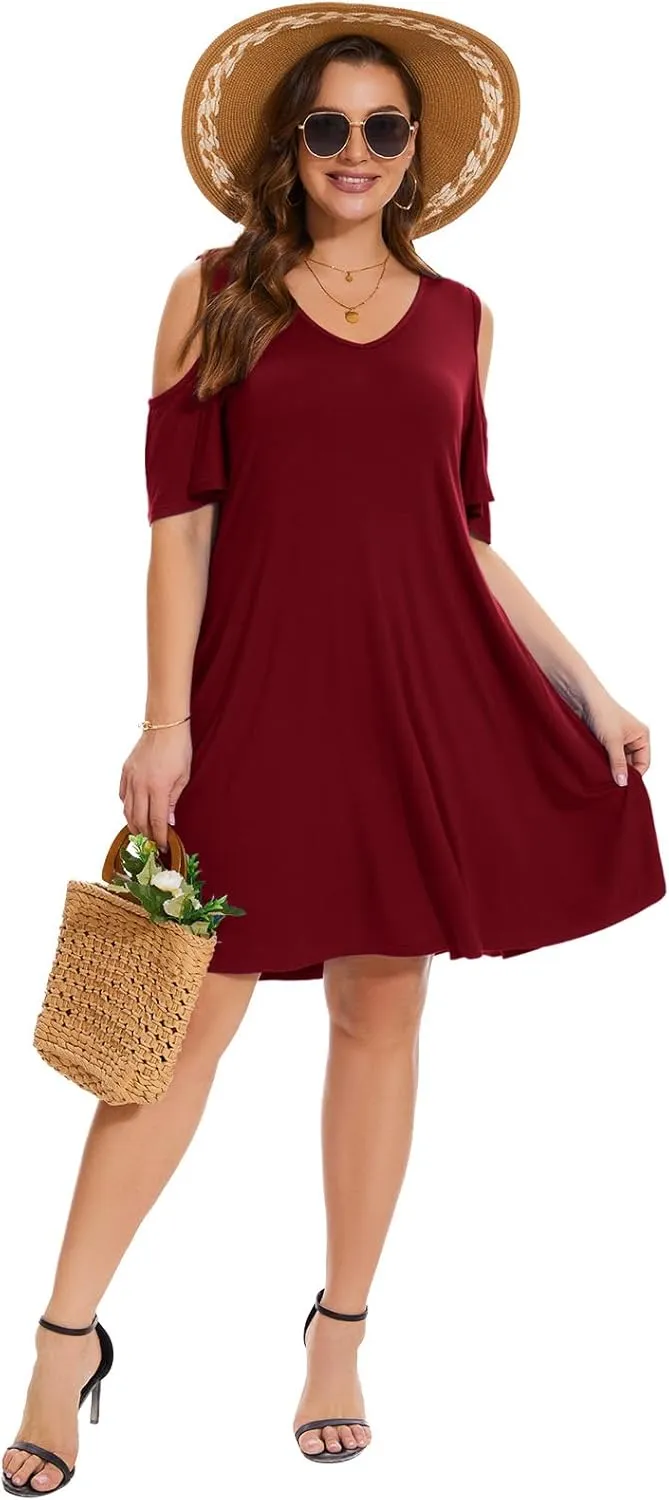ZENNILO Plus Size Tshirt Dress Cold Shoulder Summer Dresses V Neck Short Sleeve Swing Dress for Women with Pockets