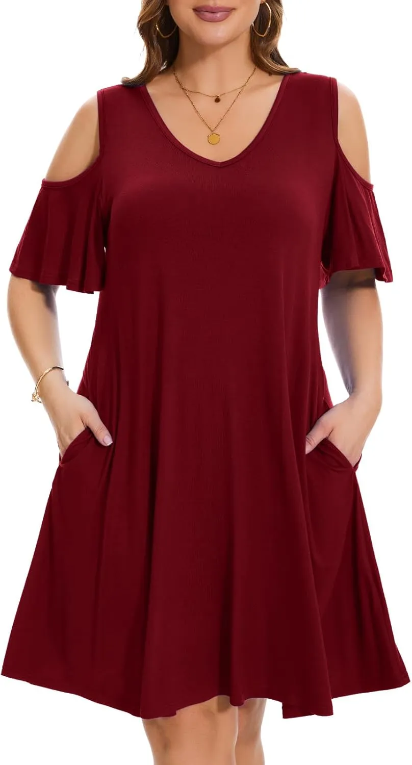ZENNILO Plus Size Tshirt Dress Cold Shoulder Summer Dresses V Neck Short Sleeve Swing Dress for Women with Pockets