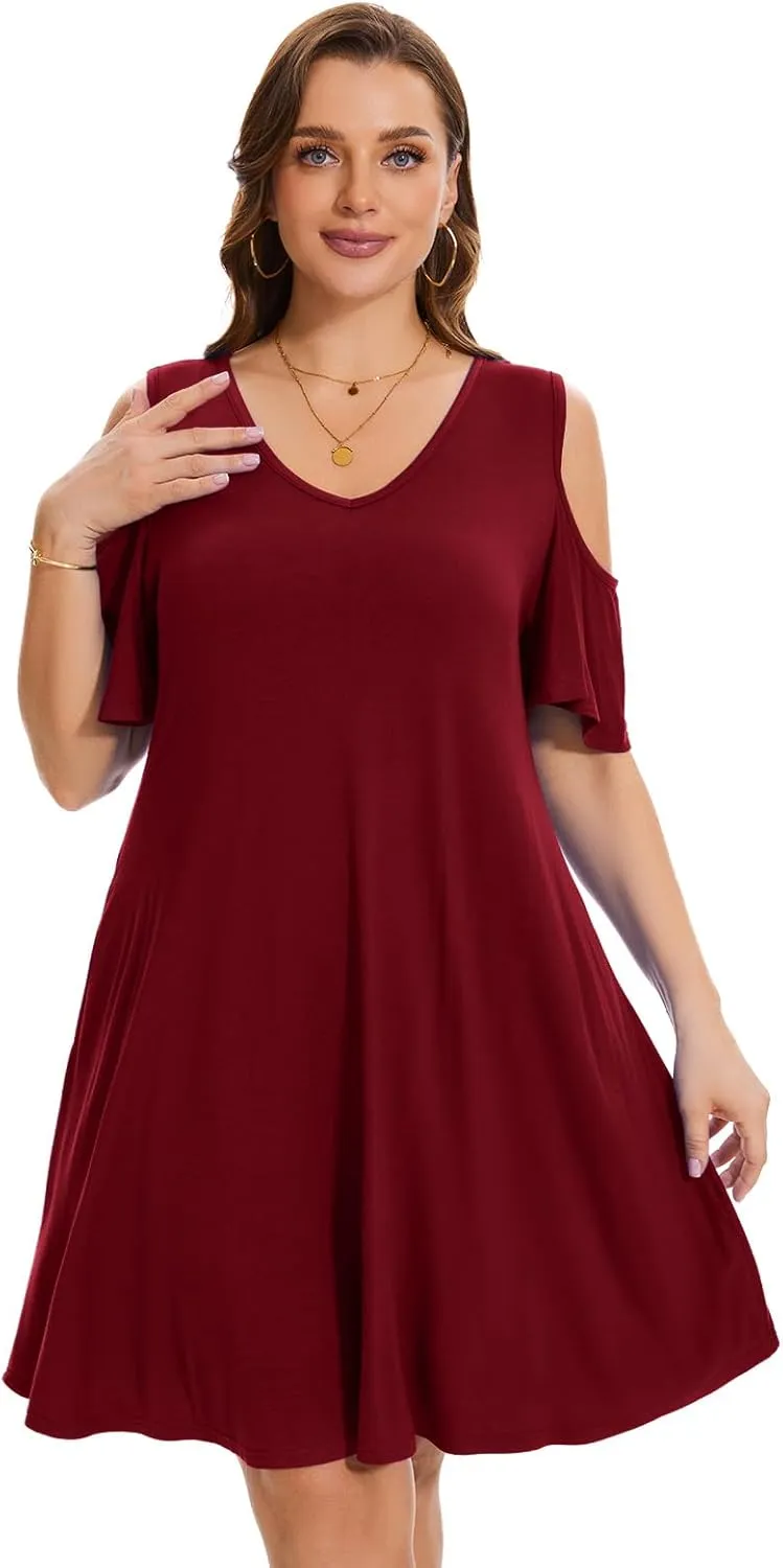 ZENNILO Plus Size Tshirt Dress Cold Shoulder Summer Dresses V Neck Short Sleeve Swing Dress for Women with Pockets
