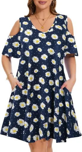 ZENNILO Plus Size Tshirt Dress Cold Shoulder Summer Dresses V Neck Short Sleeve Swing Dress for Women with Pockets