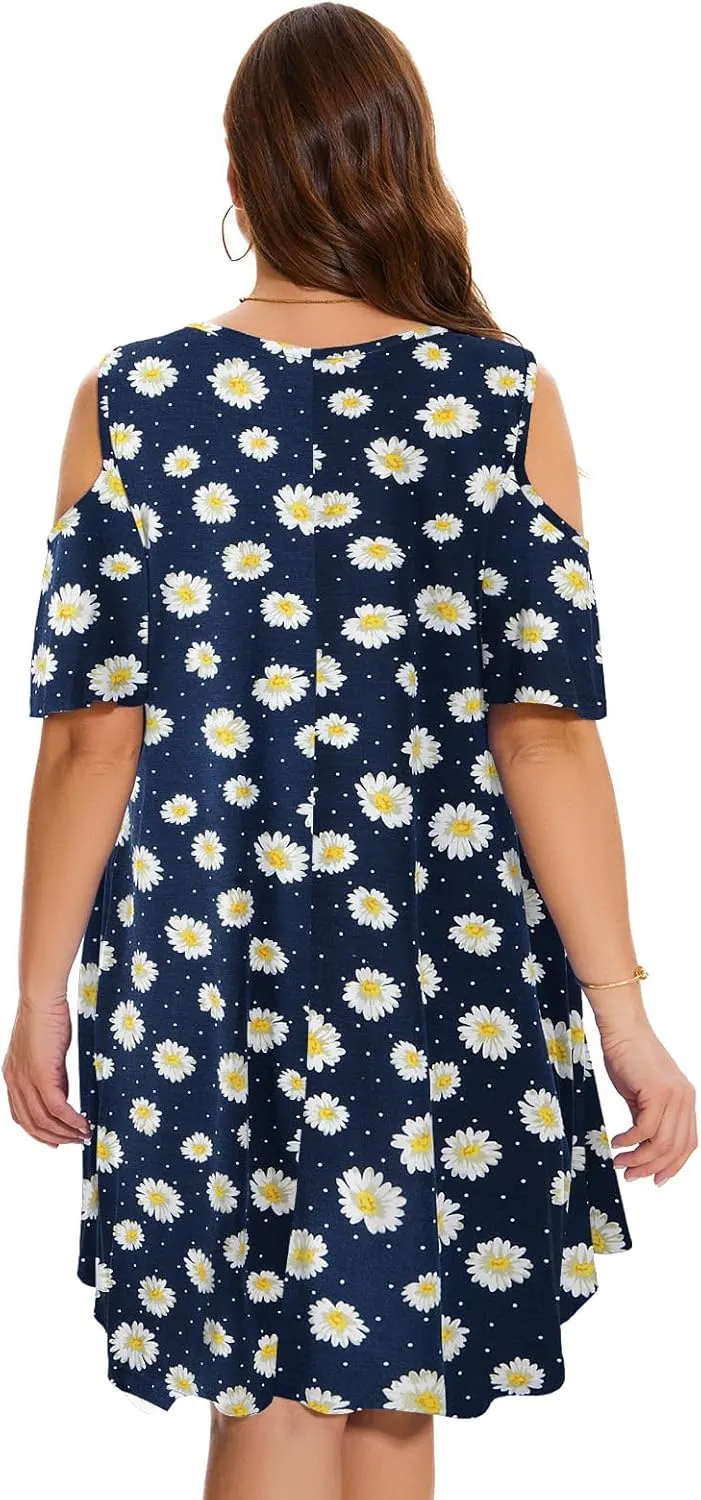 ZENNILO Plus Size Tshirt Dress Cold Shoulder Summer Dresses V Neck Short Sleeve Swing Dress for Women with Pockets