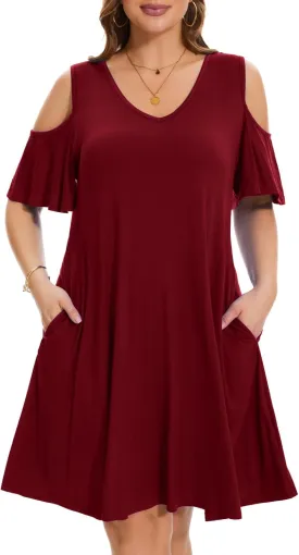 ZENNILO Plus Size Tshirt Dress Cold Shoulder Summer Dresses V Neck Short Sleeve Swing Dress for Women with Pockets