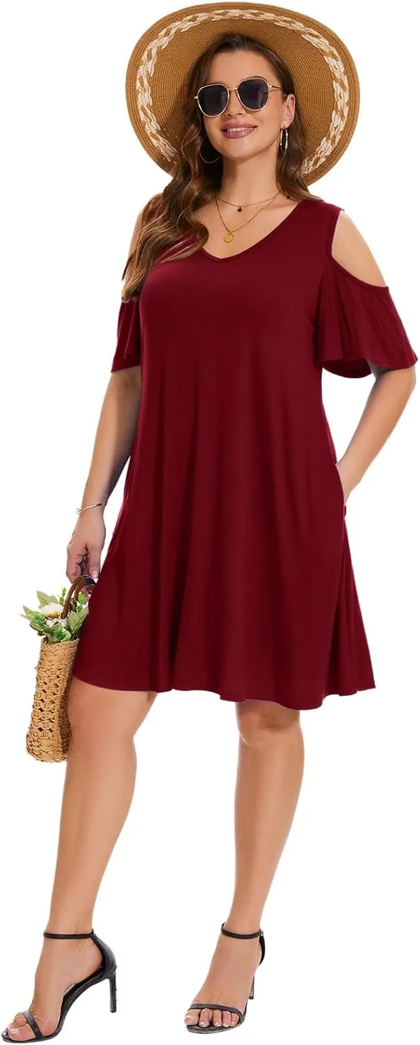 ZENNILO Plus Size Tshirt Dress Cold Shoulder Summer Dresses V Neck Short Sleeve Swing Dress for Women with Pockets